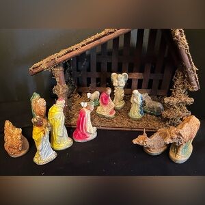 Vintage Nativity Chalkware with Stable 14 Piece